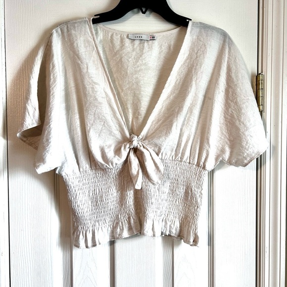 Lush Tops - Lush Cream Tie-Front Blouse